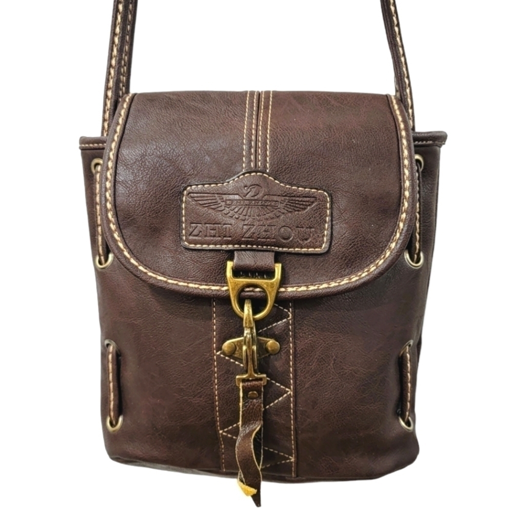 Zhi Zhou Crossbody Bag Flap Top Brown with Contrast Stitching